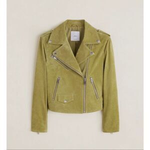 MANGO Genuine Leather Moto Biker Jacket Green Suede Asymmetrical Zip Womens L NE